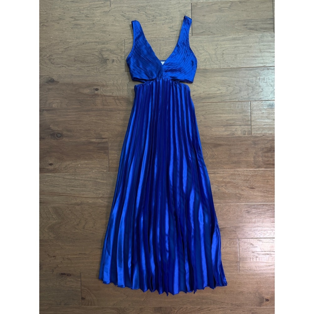 Sincerely Jules Blue Pleated Side Cut Out Maxi Dress XS Cobalt Satin V-Neck